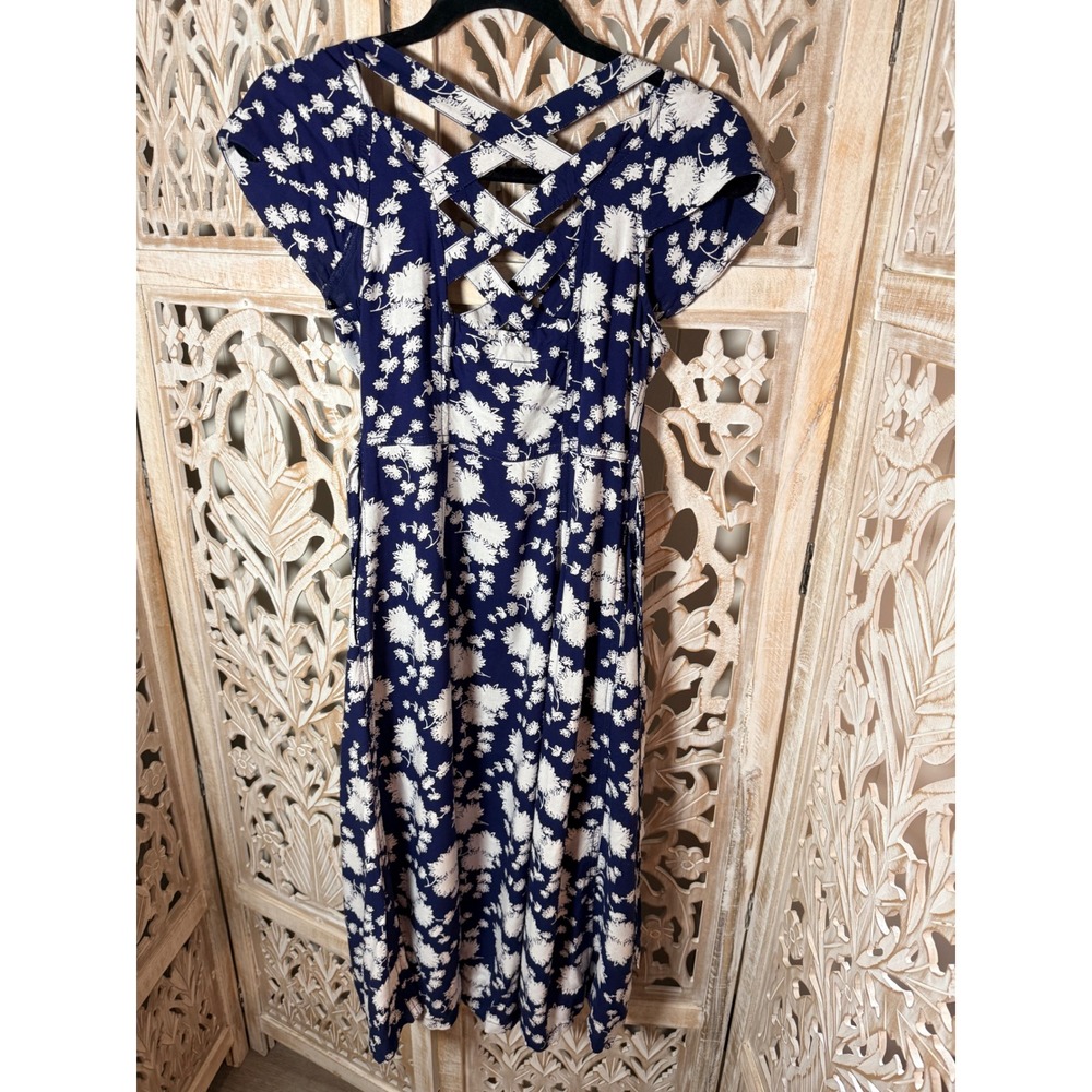Maeve Anthropologie Navy Blue Floral Button Front Midi Dress Strappy Back 0P - Picture 7 of 10